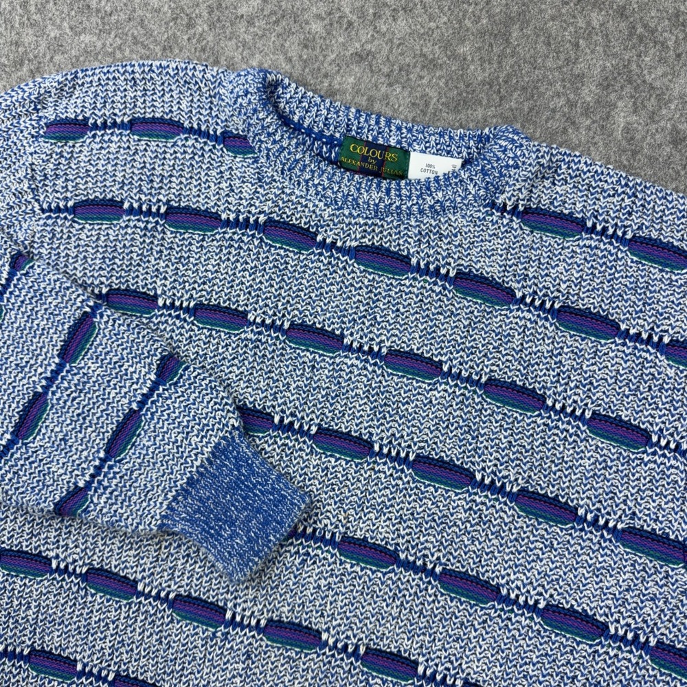 VTG Colours Alexander Julian Sweater Mens Large Blue Textured 3D Knit 90s Retro